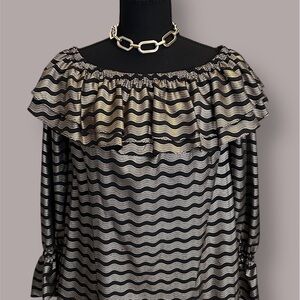 Michael Kors Black and Gold Wave Off the Shoulder Blouse Size S